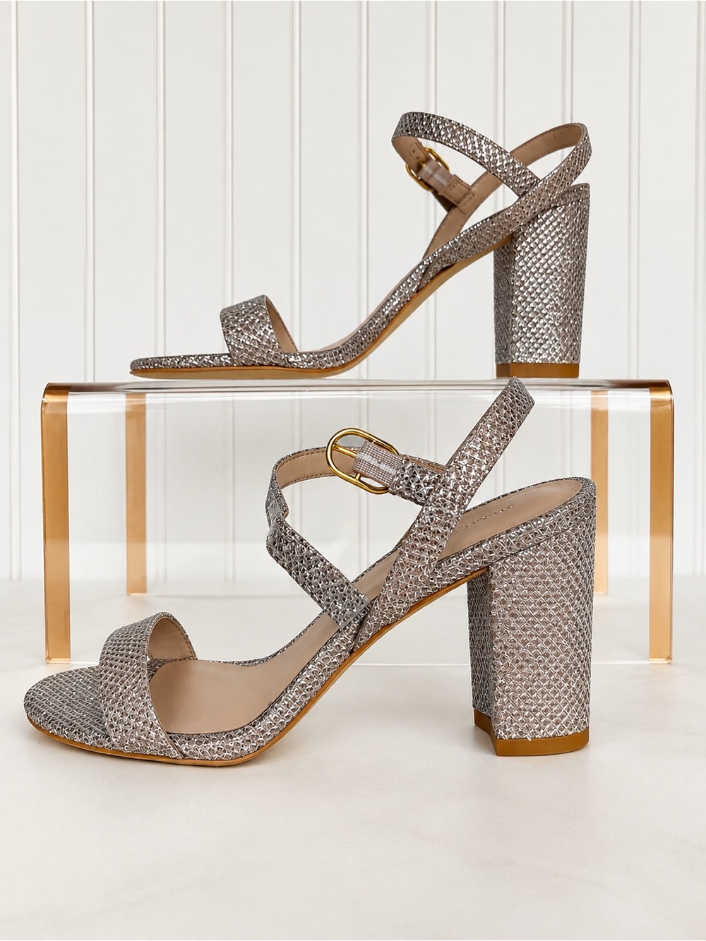 Stuart Weitzman Metallic Silver Glitter Block Heel Sandals 6.5B Strappy